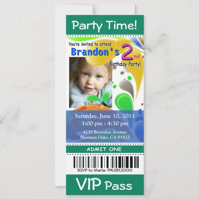 Fun Kids VIP Pass Event Ticket Foto Party (Jade) Einladung (Vorderseite)