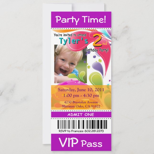 Fun Kids VIP Pass Event Ticket Foto Party lila Einladung (Vorderseite)