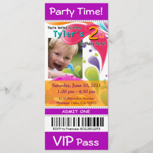 Fun Kids VIP Pass Event Ticket Foto Party lila Einladung