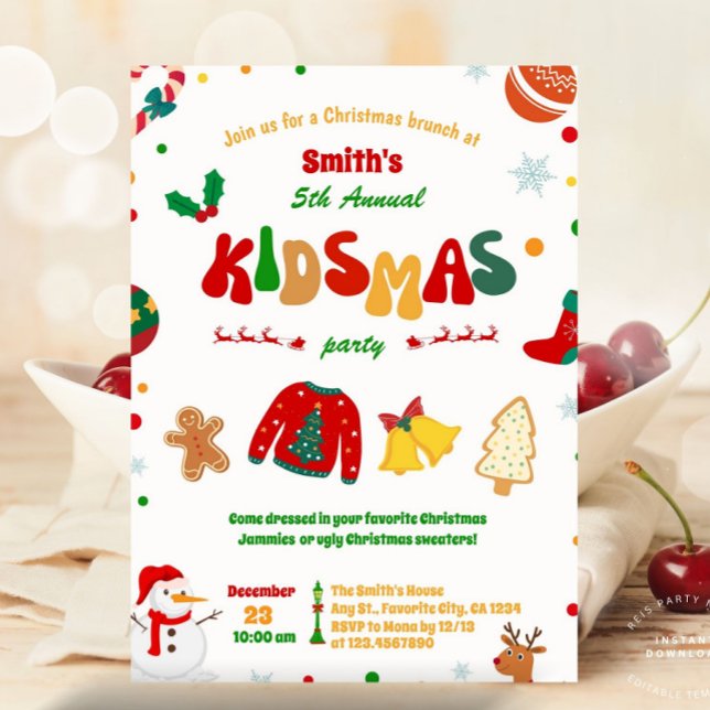 Fun Kidsmas Weihnachtsfeier Geburtstagsparty Einladung (holiday party invitation, christmas brunch, kidsmas, kidsmas party, annual party, kidsmas christmas )