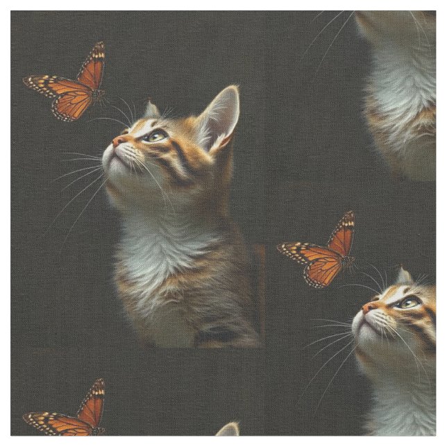 Fun Kitten Butterfly Schwarzer Hintergrund Stoff (Nahaufnahme)