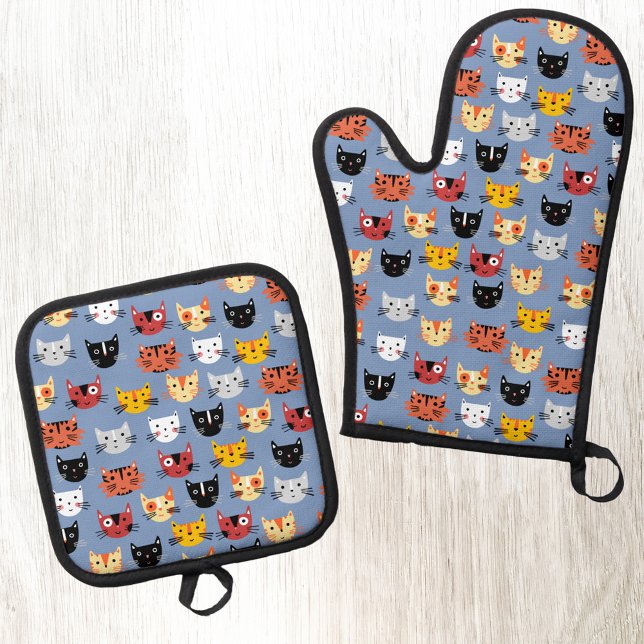 Fun Kitty Cat Pattern Blau Ofenhandschuh & Topflappen-Set (Fun kitty cat pattern blue kitchen oven glove or mitt and pot holder)