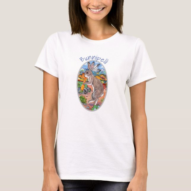 Fun Kokopelli Rabbit Südwestliche Tierfarbenkunst T-Shirt (Vorderseite)