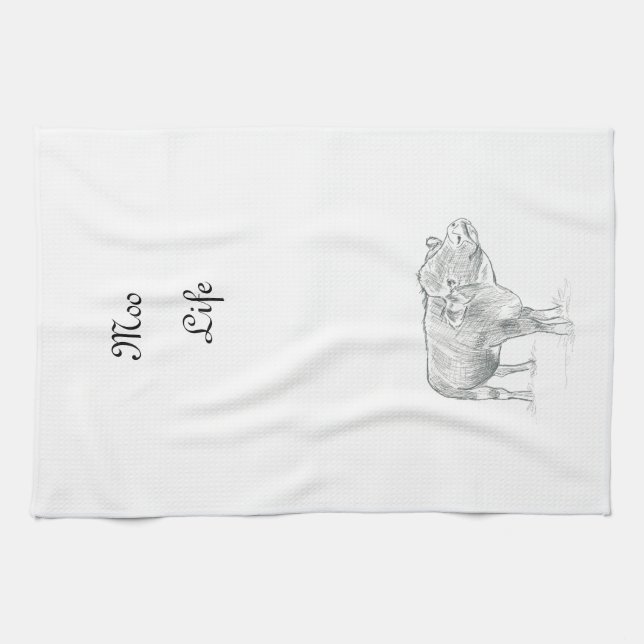 Fun Kuh Schwarz und Weiß Zeichnend |Moo Life Geschirrtuch (Horizontal)