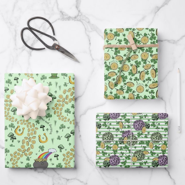 Fun Künstlerisches irisches Kleeblatt Regenbogen L Geschenkpapier Set (Vorderseite)