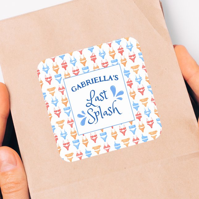 Fun "Last Splash" Thema Personalisiert Bachelorett Quadratischer Aufkleber (Custom Bachelorette Party Stickers - Last Splash Beach Theme with Fun Bikini Pattern!)