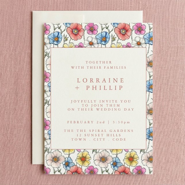 Fun lebendige Wildblumen Muster Hochzeitseinladung Einladung (Fun vibrant wildflowers pattern wedding invitation.)
