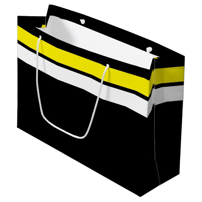 Fun lebhafte, gelb-weiße Top-Racing-Streifen auf s Große Geschenktüte (Vorderseite Schrägansicht)