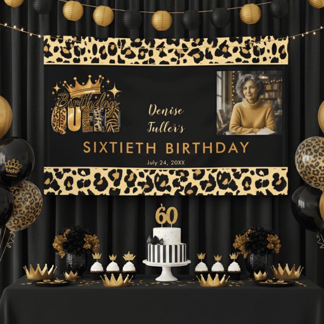 Fun Leopard Birthday Queen Sixty Photo Birthday Banner (Von Creator hochgeladen)