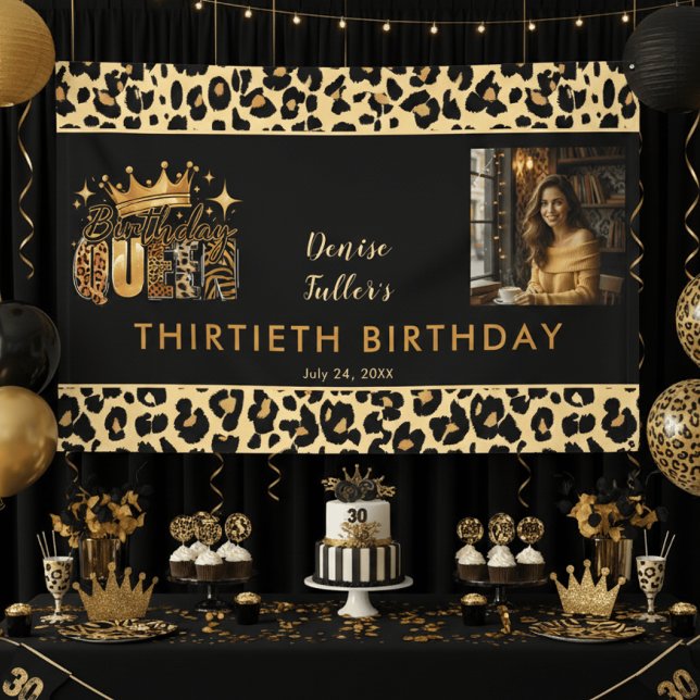 Fun Leopard Birthday Queen Thirty Photo Birthday Banner (Von Creator hochgeladen)