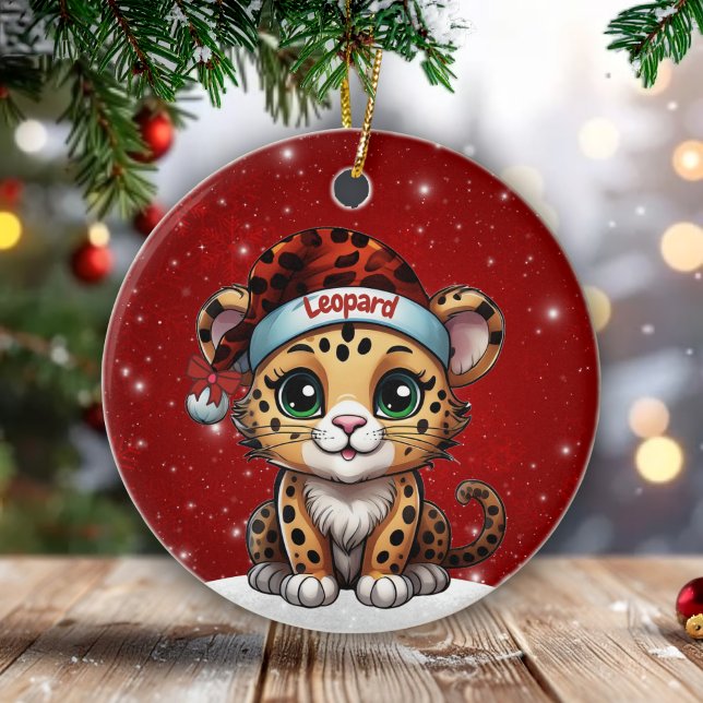 Fun Leopard Red Sparkle Animal Print Lover 🐆🐈🐾 Keramik Ornament (Custom Name Leopard Red Sparkle Ornament Personalizable cat lover Decor Kitten Xmas Decoration 🐆🎄)
