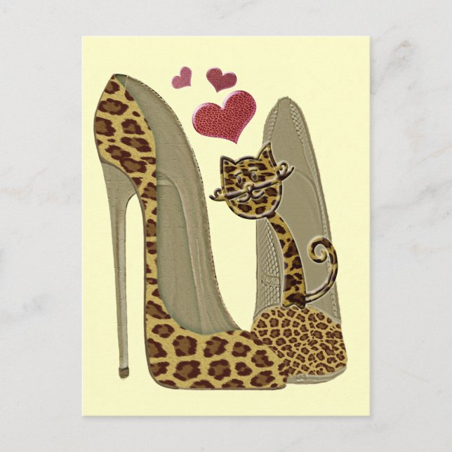 Fun Leopard Stiletto und Cat Postkarte (Vorderseite)