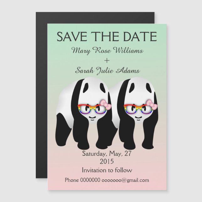 Fun Lesbian Panda Bears Hochzeit speichern das Dat Magneteinladung (Vorne/Hinten)