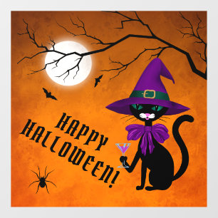 Fun Lila Black Cat Witch Hat Vollmond Halloween Fensteraufkleber