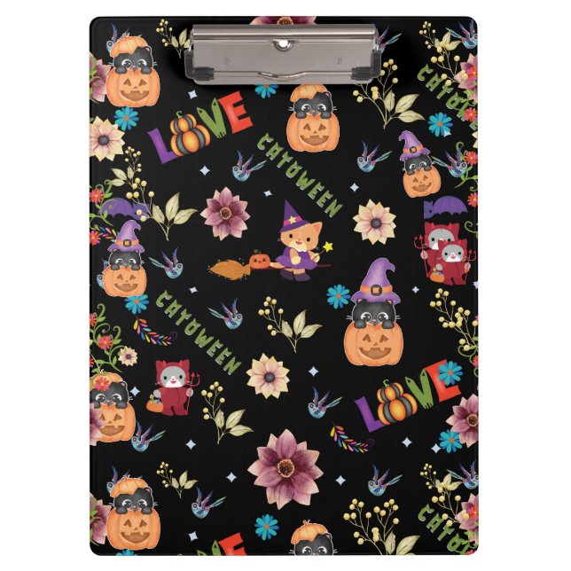 Fun Lila Hat Catoween, Niedlich Orange Pumpkin Klemmbrett (Vorderseite)