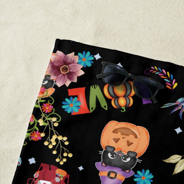 Fun Lila Hat Catoween, Niedlich Orange Pumpkin Strandtuch (Beispiel)