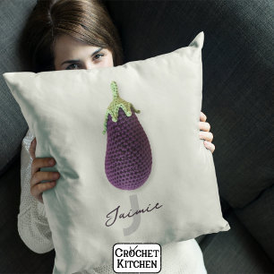 Fun Lila Moderne Minimal Crochet Eggplant Name Kissen