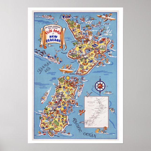 Fun Map Neuseeland ~ Vintage Travel Poster (Vorne)
