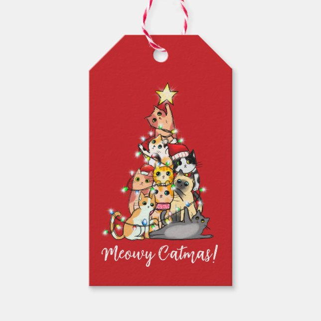 Fun Meowy Catmas Katzen Weihnachtsbaum Custom Geschenkanhänger (Vorderseite)