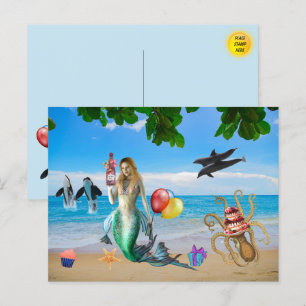 Fun Mermaid auf der Beach Birthday PostCard Postkarte