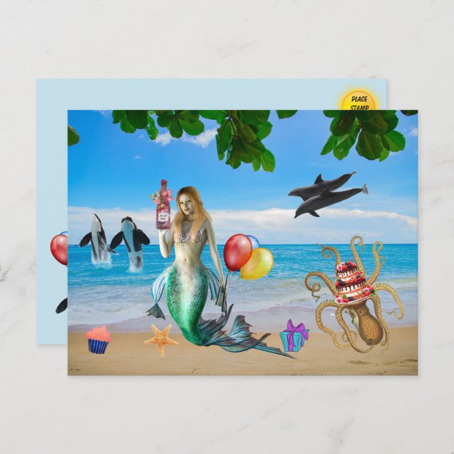 Fun Mermaid auf der Beach Birthday PostCard Postkarte (Vorne/Hinten)