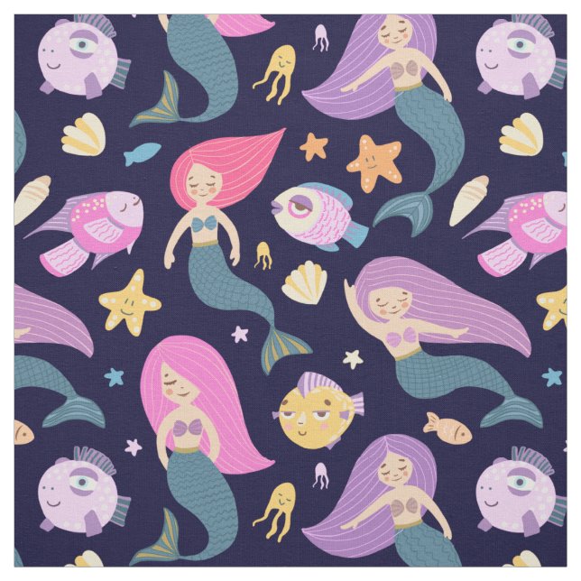Fun Mermaid und Fischmuster auf blau Stoff (Muster)