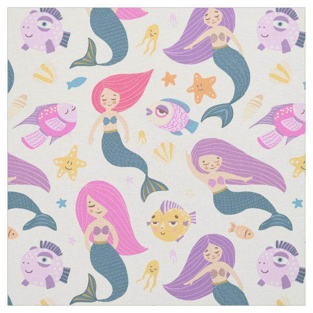 Fun Mermaid und Fischmuster auf Weiß Stoff (Muster)