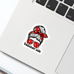 Fun Messy Bun Teacher School Red Aufkleber