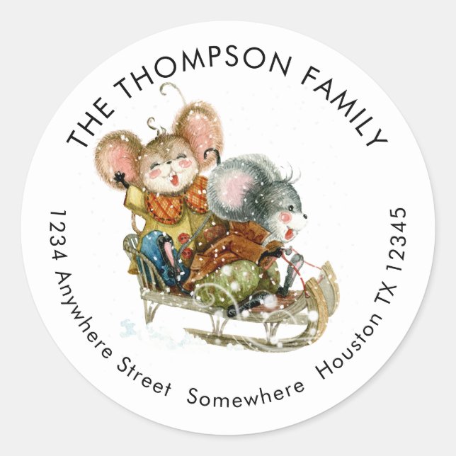 Fun Mice Sleigh Name Rücksendeadresse Runder Aufkleber (Vorderseite)