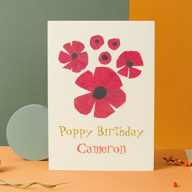 Fun MidCentury Poppies Niedliche geklappte Grußkar Karte (This birthday card features a bunch of vintage-inspired red poppies and reads, "Poppy Birthday.")