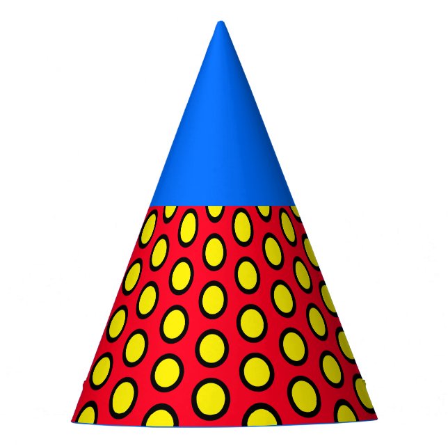 Fun Mod Bright Blue Yellow Tiled Circus Dots Partyhütchen (Vorderseite)