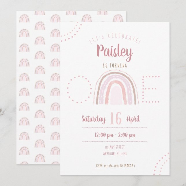 Fun Modern Boho Pink Rainbow Erster Geburtstag Einladung (Vorne/Hinten)