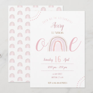 Fun Modern Boho Pink Rainbow Erster Geburtstag Einladung