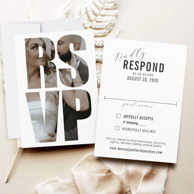 Fun Modern Foto Words Wedding Formal RSVP Card (Simple fun minimalist RSVP word photo frame typography formal wedding RSVP card with wedding website)
