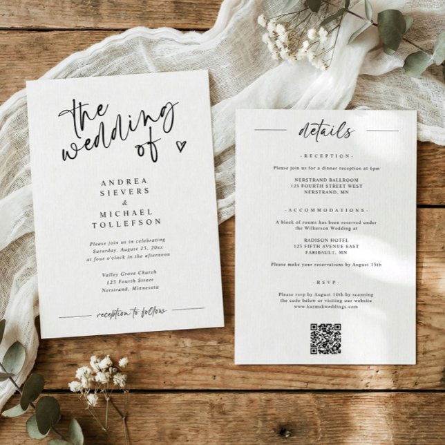 Fun Modern Handwriting Black & White Wedding Einladung (Modern black and white wedding invitation with “the wedding of” in fun handwritten script)