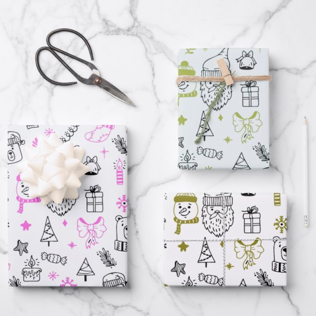 Fun Modern Line Zeichnend Urlaub ThemenWeihnachten Geschenkpapier Set (Vorderseite)