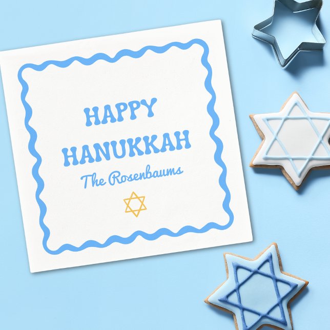 Fun Modern Wavy Border Blue Hanukkah Party Napkins Serviette (Von Creator hochgeladen)