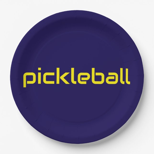Fun Moderner, blauer, hellgelber PICKLEBALL-Text Pappteller (Vorderseite)