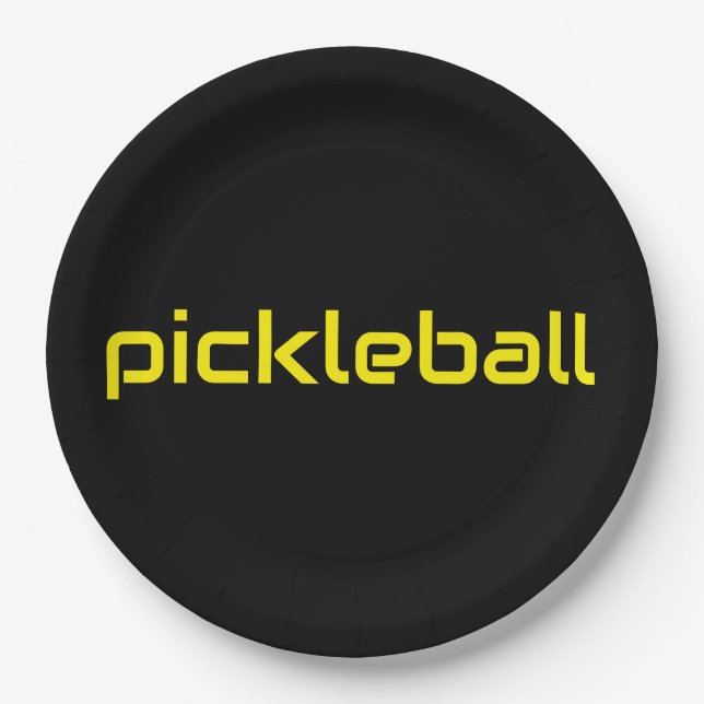 Fun Moderner schwarz-gelber PICKLEBALL-Text Pappteller (Vorderseite)