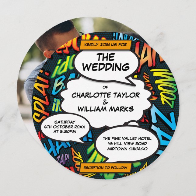 Fun Modernes Comic Book Foto Circle Wedding Einladung (Vorne/Hinten)