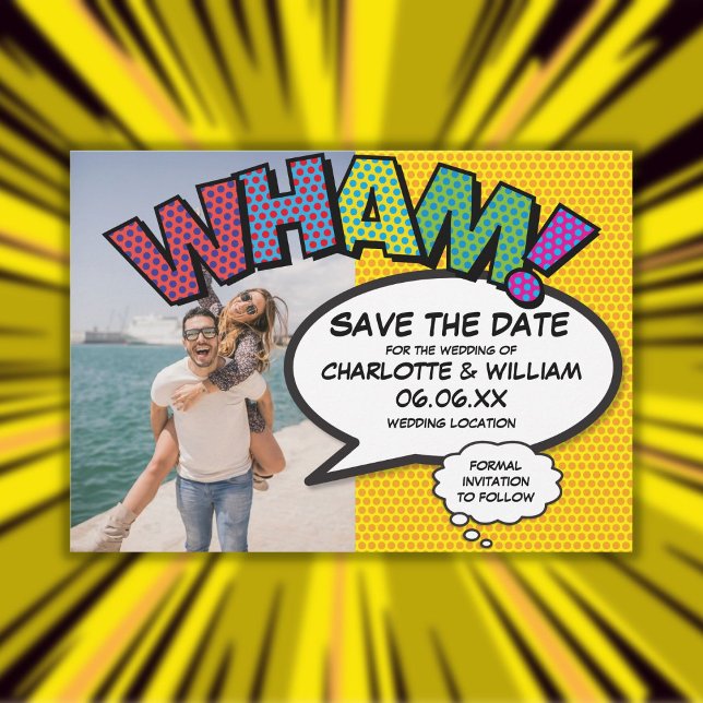 Fun Modernes Comic WHAM Foto Save The Date (Fun Modern Comic WHAM Photo Save The Date)