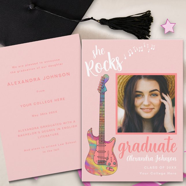 Fun Modernes Pink Script Graduate Foto Einladung (Fun colorful guitar music notes pink script graduate photo modern graduation announcement card)