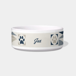 Fun Monogram Geometric Blue/Tan Pet Bowl mit Paws Napf