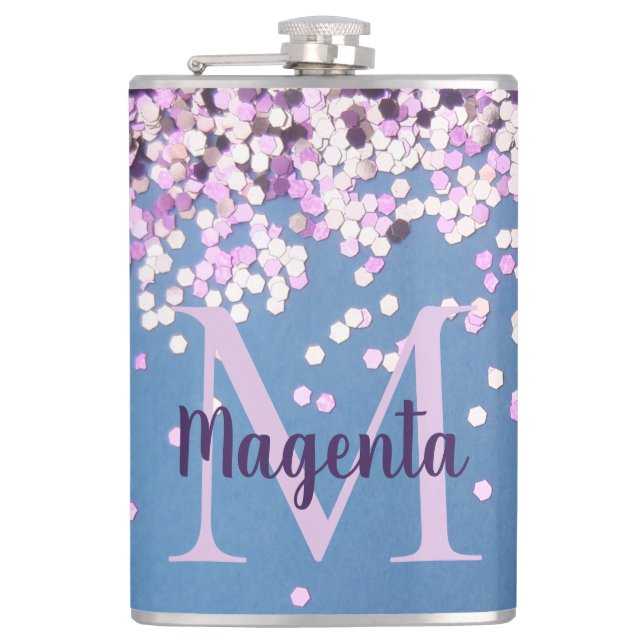 Fun Monogram Lavender Confetti auf Blue Flachmann (Vorderseite)