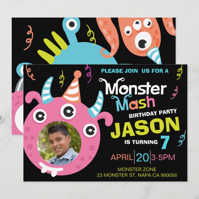 Fun Monster Mash Foto Geburtstagsparty Einladung (Vorne/Hinten)