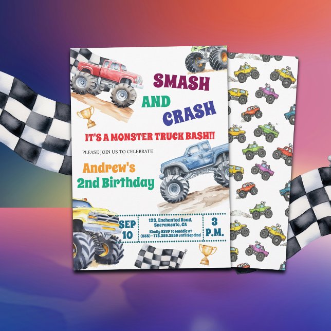 Fun Monster Trucks 2nd Birthday Party Invitation Einladung (Von Creator hochgeladen)