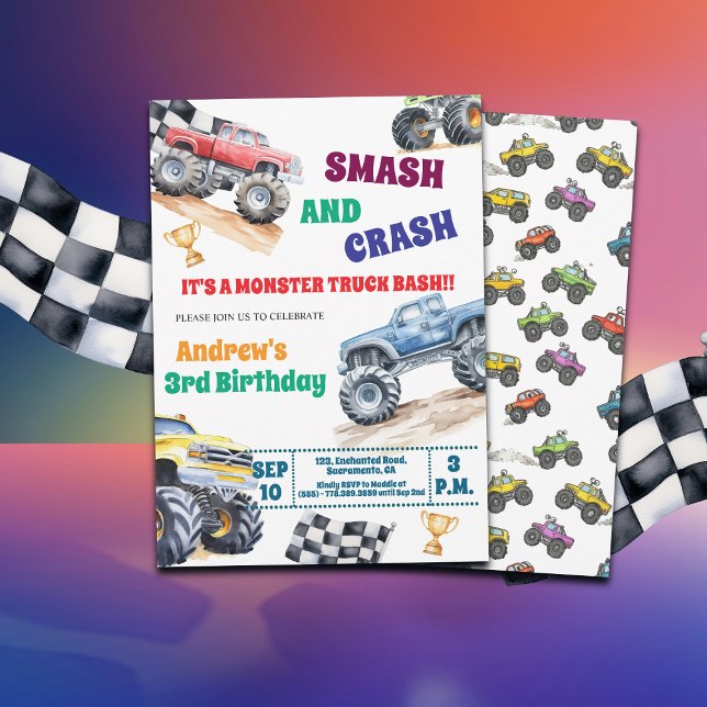 Fun Monster Trucks 3rd Birthday Party Invitation Einladung (Von Creator hochgeladen)