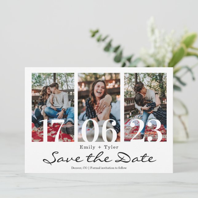 Fun Multi Foto Moderne Save the Date Einladung (Stehend Vorderseite)