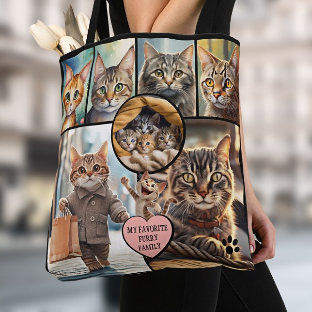 Fun Multi Photo Collage Cat Lover (Tote bag featuring a collage of your favorite cat photos in different shapes with a heart)
