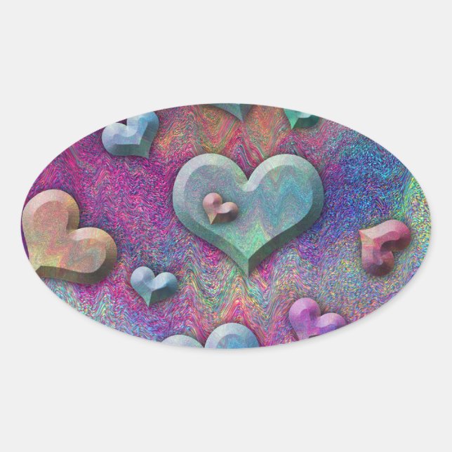 Fun Multicolred Metallic Looking Hearts Art Ovaler Aufkleber (Vorderseite)